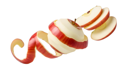 Red apple with peel spiraling in midair isolated on white background, concept of fresh fruit and healthy eating