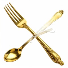 Ornate golden fork and spoon crossed, tied with ribbon, on white