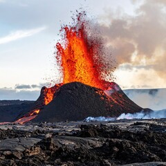 Eruption of a volcano spewing red lava and ash against a cloudy sky