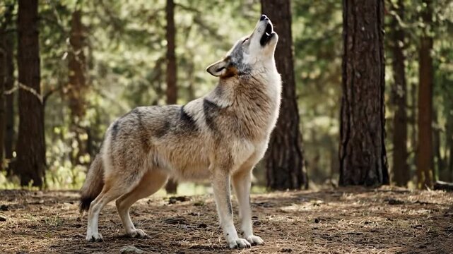 A majestic gray wolf stands alert in a forest, its fur blending with the natural surroundings