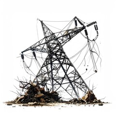 Collapsed metal tower with wires and debris after a significant event