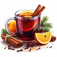 A mug of hot, spiced wine with orange slices and cinnamon sticks