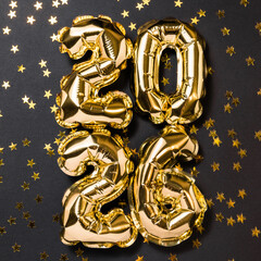 New year 2026 balloon celebration card. Gold foil helium balloon number 2026, party decoration,...