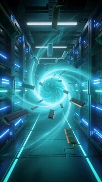 Server racks pulling semiconductor modules into glowing vortex. Data center corridor with swirling energy effect. Visual metaphor for the global memory shortage caused by AI data centers