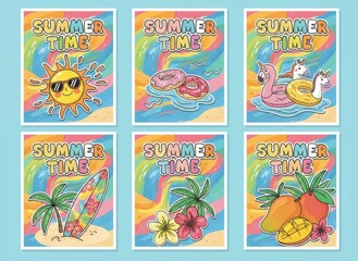 Vector illustration set of cartoon stamps featuring a seamless pattern of nature icons with animals, birds, fish,