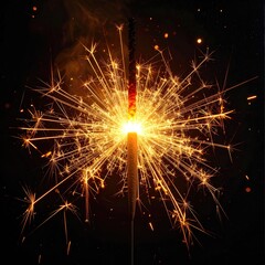 Close-up of a lit sparkler, radiating golden sparks against black