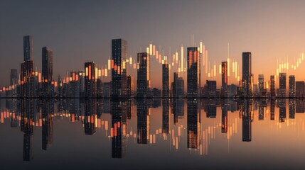 City skyline with financial stock market chart