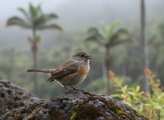 A small wild robin with a red breast and brown feathers perches on a garden branch before hopping into the green grass