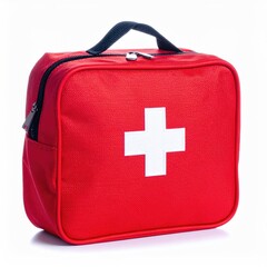 A small red bag with a white cross, handle, and zipper, isolated