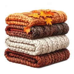 Stack of cozy, colorful knit blankets with fall leaves on top
