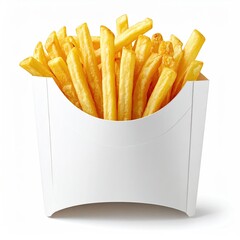 Golden, crispy fried potatoes spilling from a white paper container