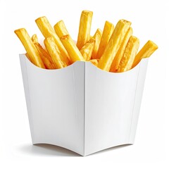 Golden, crispy fried potato sticks in a white paper container