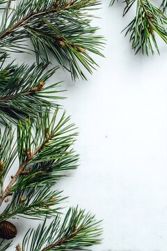 Fresh pine branches on white background with space for text