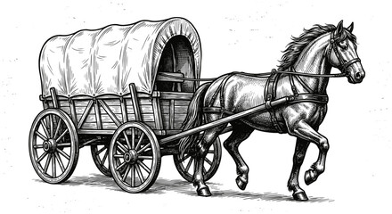 Fototapeta premium Vintage black and white sketch of a horse pulling a covered pioneer wagon, historic western transportation illustration for rustic heritage designs