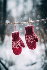 Red knit mittens hanging on clothesline in snowy winter forest setting