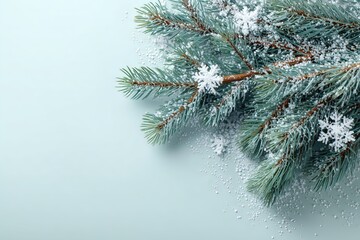 Snow-covered fir branches on light blue background with delicate snowflakes