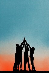 Group of diverse teens forming a united silhouette against a vibrant sunset sky