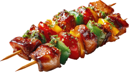 Shish kebab on skewers grilled meat with vegetables traditional barbecue food photography studio isolated on white background