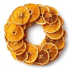 Wreath of dried orange slices in circular arrangement on white background