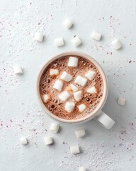 Hot chocolate with marshmallows in white mug on light background