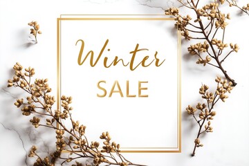 Elegant winter sale announcement with gold accents and delicate branches