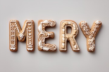 Festive gingerbread letters decorated with white icing on neutral background