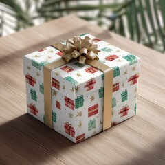 Festive gift box with decorative bow on wooden table