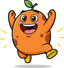 Cute happy orange fruit cartoon character jumping with smile vector illustration for kids branding and fun designs