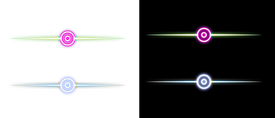 PNG image of Four futuristic neon glowing slider bars with circular handles in vibrant pink green and blue hues on white background