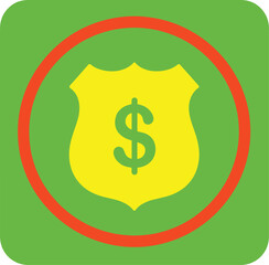 Financial protection shield icon with dollar symbol vector illustration in flat style isolated on green background for insurance security and money safety designs