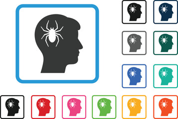Head silhouette with spider fear icon set vector illustration representing phobia anxiety and mental health concept in flat style for psychology awareness designs