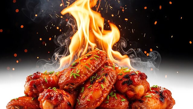 Fiery and delicious chicken wings stack with flames and sparks against a dark background