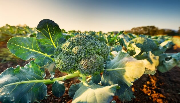 fresh broccoli growing in field close up