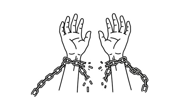 Illustration of hands breaking free from chains, symbolizing freedom, liberation, and overcoming obstacles.