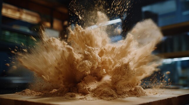 A culinary explosion of flour inside a bustling kitchen when a chef accidentally slams a container, white powder filling the air in a humorous, chaotic cloud &mdash; relatable kitchen mishap photography.