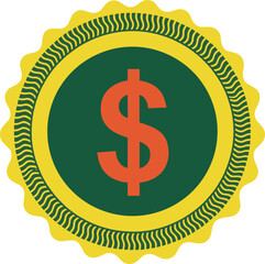 Dollar coin badge vector illustration with currency symbol and decorative seal design in flat style for finance business and money branding projects