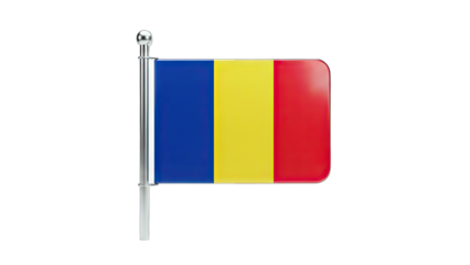 Romanian Flag on a Pole Isolated on White Background