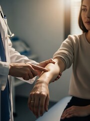 Doctor examining a patient's arm in a medical setting.