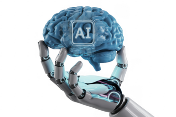 Robotic hand holding blue brain with AI circuit board isolated on a transparent background