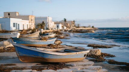 A coastal town devastated by storm surge, fishing boats overturned on roads and seaweed tangled in broken windows — flooding aftermath, community loss, and resilience in coastal regions. cinematic
