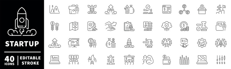 Startup icons set. editable line icons for entrepreneurship and innovation projects
