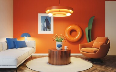 A modern minimalist living room interior with orange walls and white furniture viewed from the entrance