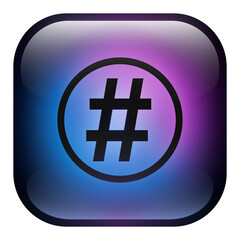 Glass Square Button featuring a Hashtag icon inside a Ring with Blue and Purple Neon Light