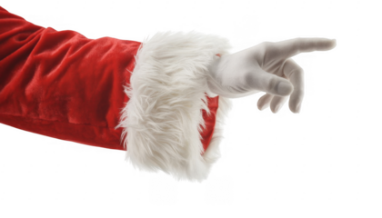 Santa Claus arm in red and white suit pointing hand red suit isolated on a transparent background