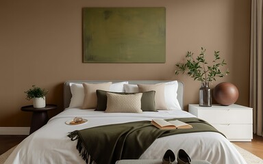 A serene modern minimalist bedroom interior with white bedding and green accents viewed from the foot of the bed.