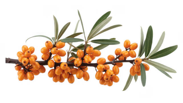 Sea buckthorn branch with orange berries and green leaves isolated on a transparent background - Powered by Adobe