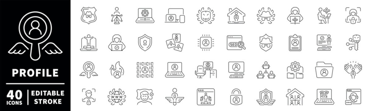 Profile and security icons set. editable line icons, outline, user, privacy, protection