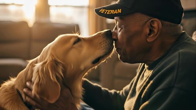 senior african american man in wheelchair petting golden retriever dog. elderly veteran with therapy animal at home. emotional support, companionship, loyalty.