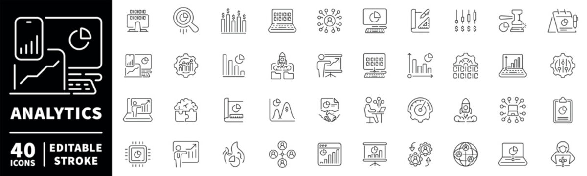 Analytics icons set - editable line icons, outline, statistic and data symbols