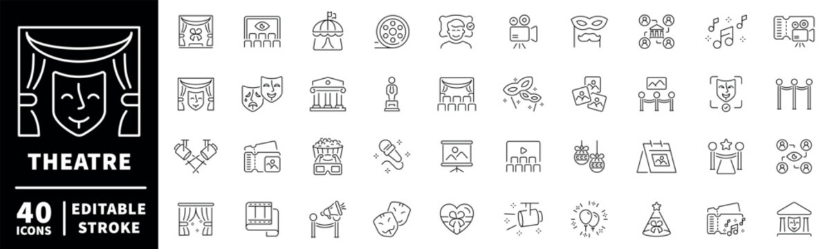 Theatre icons set: editable line icons in outline style, drama and performance symbols
